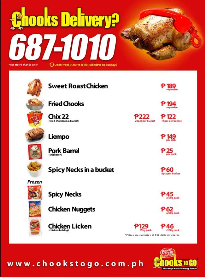 Chooks To Go Menu