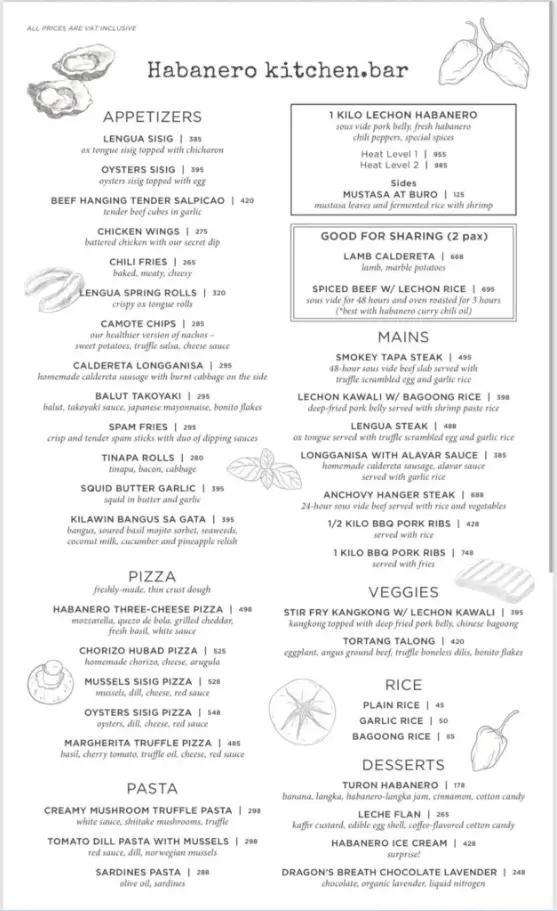 Habanero Kitchen Bar Philippines Menu