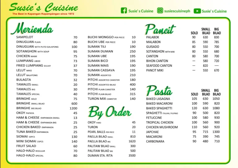 Susies Cuisine Menu