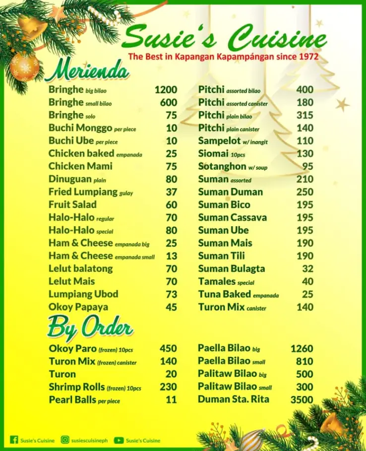 Susies Cuisine Philippines Menu