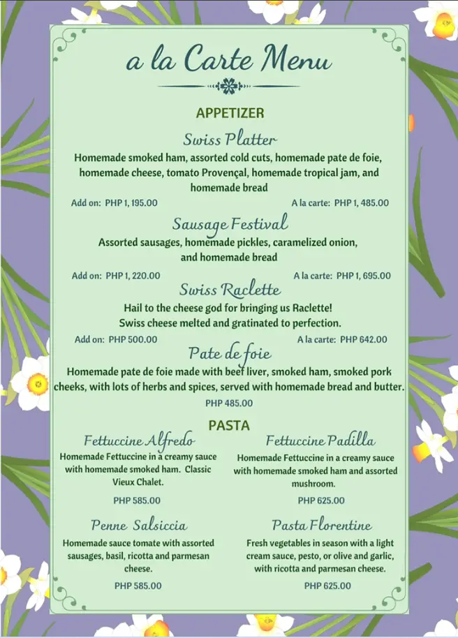 Vieux Chalet Philippines Menu