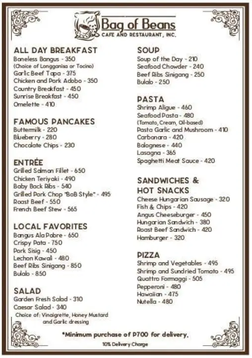 Bag of Beans Menu