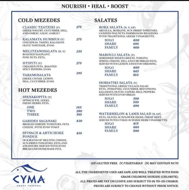 Cyma Philippines Menu